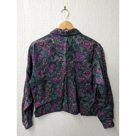 Vtg The Woolrich Woman Purple Floral Button Up Cropped Top Shirt Cotton Medium - Picture 4 of 4